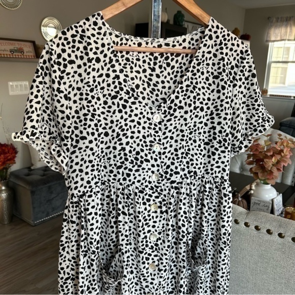 💋SHEIN Animal print black white baby doll dress 👗 shirt 👚 top M - Picture 2 of 8